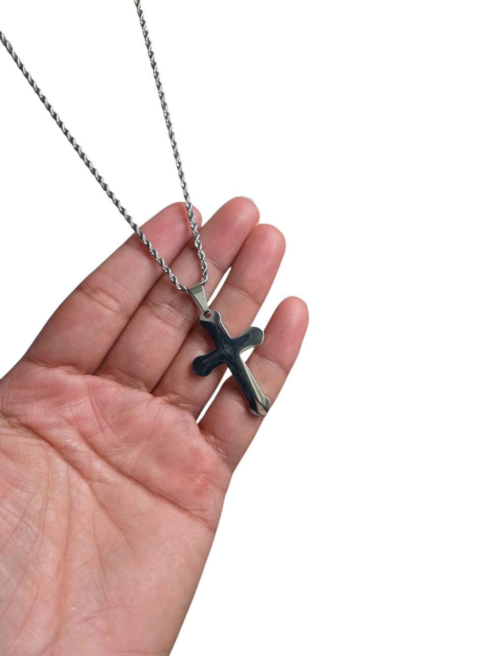 Vintage Long Silver Toned Stainless Steel Chain Necklace Cross Pendant 27" - Picture 2 of 2